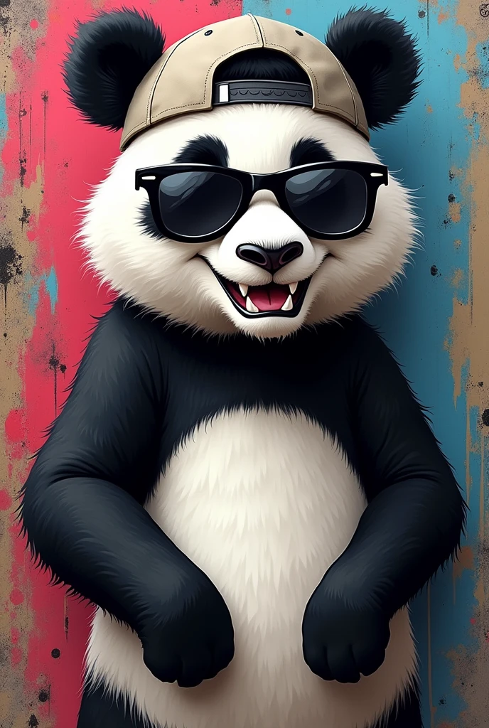 Please generate for me a head of a panda bear looking straight ahead with black sunglasses and a backwards cap, with one arm around the waist and the other arm raised as if showing something (so I can put something on top later), grinning with his fangs. only with colors: negro, White and grey.
Graffiti caricature style 2D