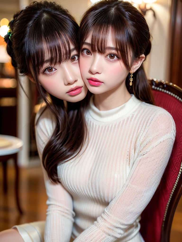 (masterpiece:1.5)、(Realistic:1.5)、(Highest quality:1.4、8k、RAW Photos)、 Ultra-high resolution、Professional Lighting、Perfect dynamic composition、Photo shoot at an antique and stylish cafe、 Film Grain、chromatic aberration、(Bokeh:1.1)、 Frank、Sophisticated、charm、超Realistic、Attention to detail、Golden Ratio、Anatomically correct、 (1 girl)、Slender、繊細でcharm、Cute Woman:1.4、 Serious expression、Looking at the audience、Sitting in a chair、Light brown hair、Shiny Hair、Hairstyle: Ponytail、 Realistic Skin、 Shut your mouth.、Beautiful Eyes、double eyelid、Thin arms、(white short sweater dress:1.4)
