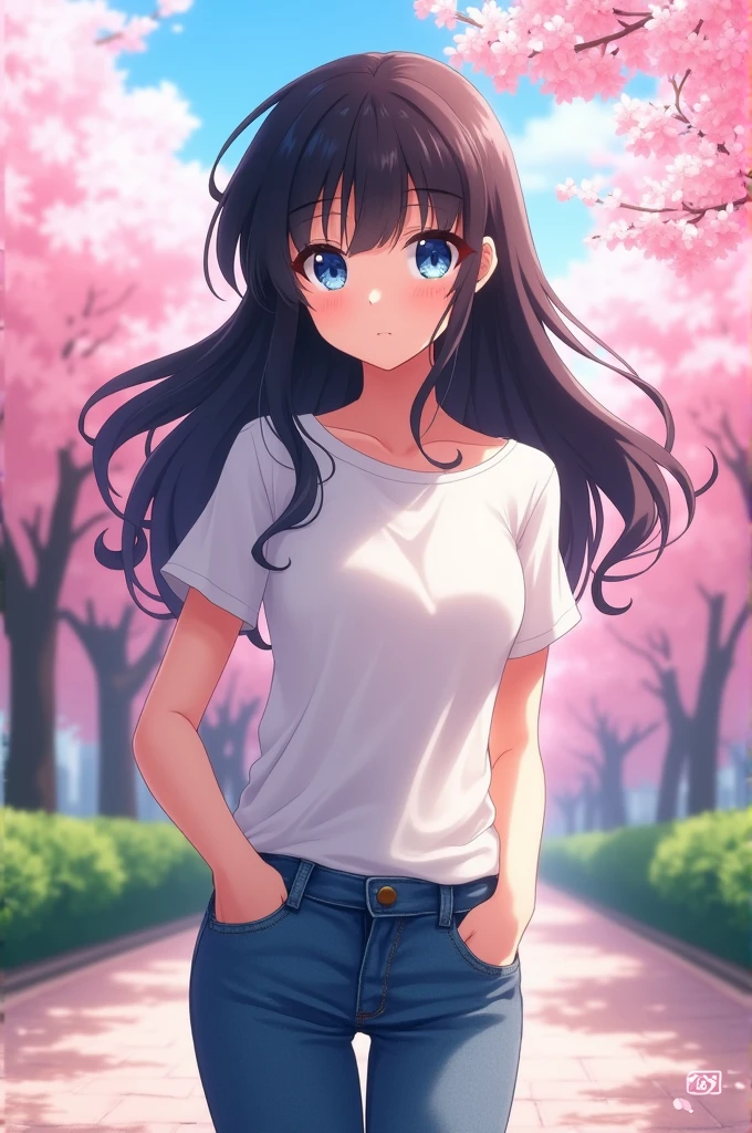 anime-girl, with white t-shirt, hair and jeans, sky-blue eyes, with sakura background 