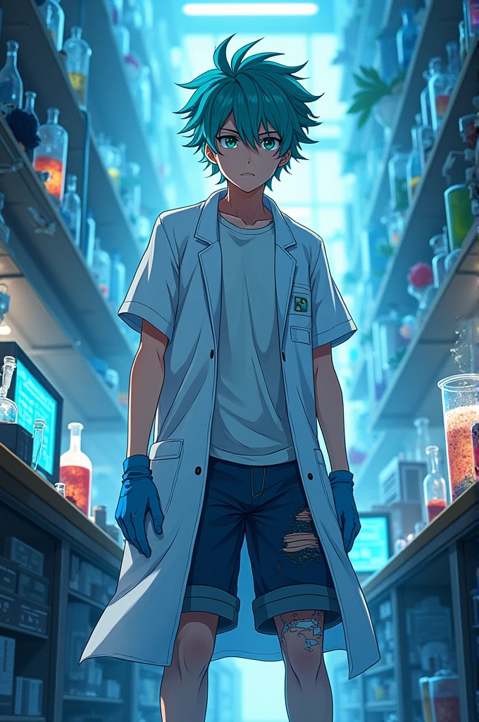 An anime teenager with messy hair, dark circles under his eyes, turquoise hair, a shirt with a lab coat, short sleeves, blue gloves and ripped pants.