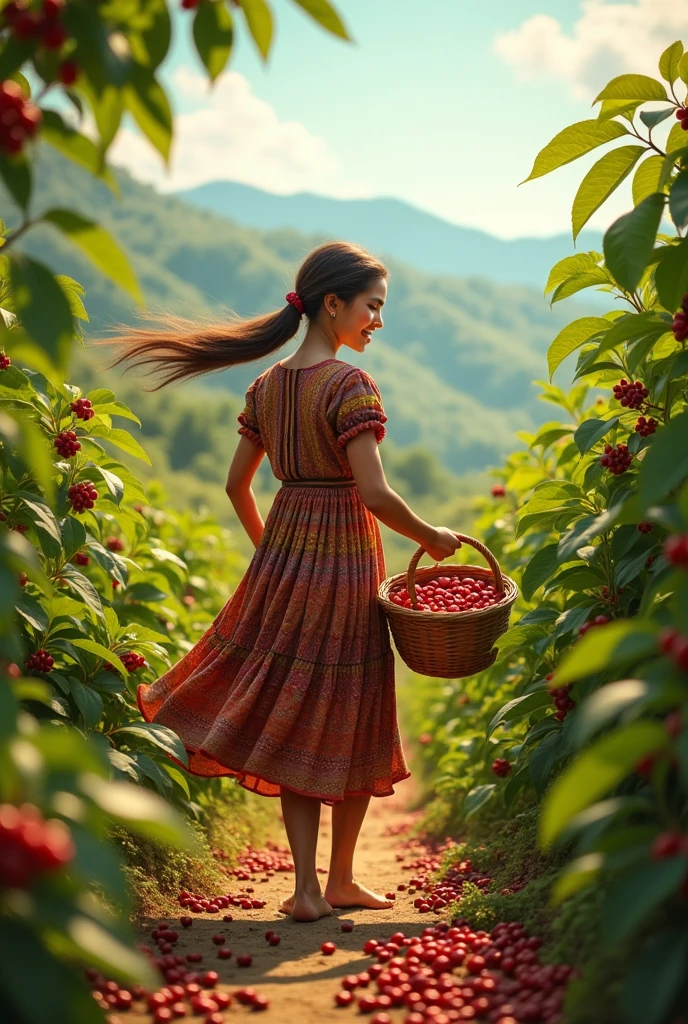 Peasant woman collects coffee with her animated basket