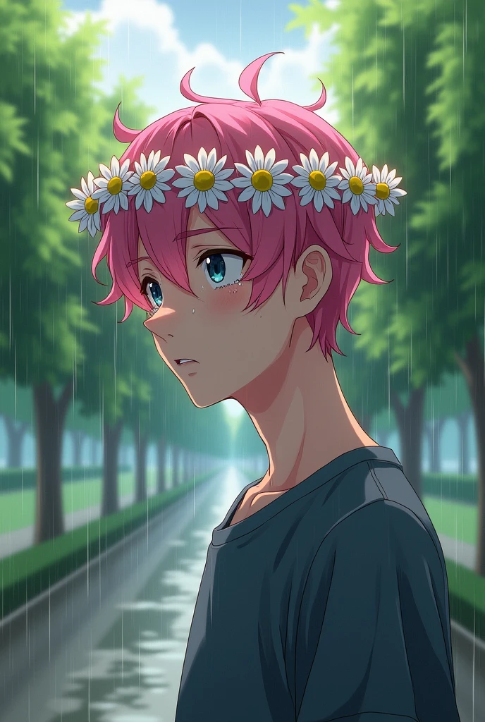 A pink-haired adult man wearing a daisy flower crown, crying in a rainy park with a sad face, anime drawing style.