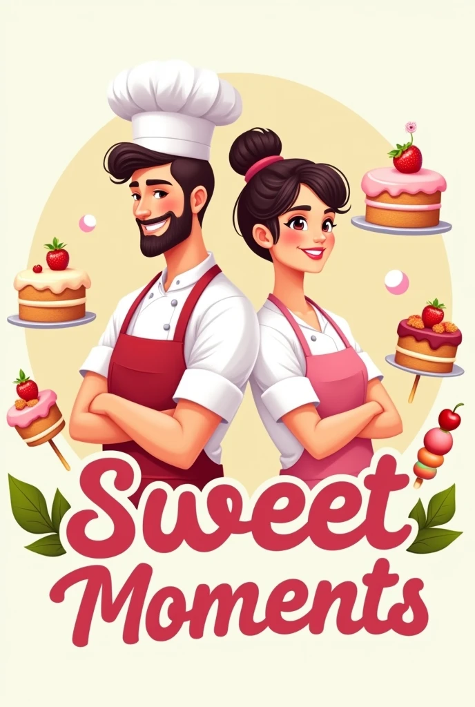Logo of a young chef couple for a cake and skewer restaurant business called Sweet Moments