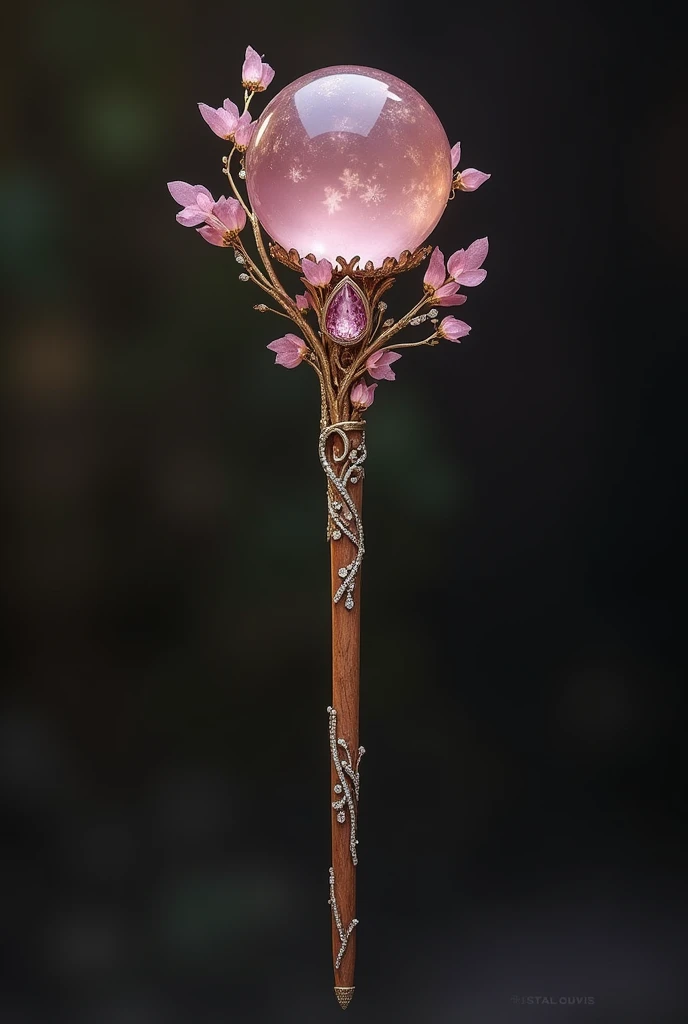 An exquisitely delicate magic wand, forged in century-old cherry wood, of a soft, pinkish tone that seems to shine with its own light. The surface is finely polished, with hand-engraved details depicting floral patterns and branches that elegantly meander along its slender body. Tangled in the hilt, A fine white gold filigree traces intricate curves, holding delicate crystal petals. In the center of the handle, embedded with almost ethereal precision, lies a small teardrop-shaped rose quartz, polished to perfection, radiating a soft and calming energy.
Quartz seems to vibrate with a serene power, emitting subtle flashes of pink when light is caught from certain angles. Along the wand, Tiny fairy dust diamonds are set at key points, giving small flashes when moving it. The tip of the wand culminates in a transparent rose quartz sphere., supported by delicate golden stems, with flecks of gold floating inside, giving the sensation of containing a piece of eternal dawn. This wand radiates an essence of harmony and grace., deeply connected with the magic of love and healing.