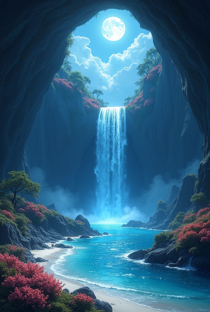After passing through the silver arch of the mountain bottom, it is taken to the field of night flowers to the north a lake that kisses the edges of the field. Walking east is washed by a trail, its path being illuminated by shimmering moon roses to the underground thermal pools that flank the moon jewel, a giant waterfall bathed by the waters of the Lunar Mirror, the waters are bright like shooting stars falling from the sky. Hanging from the ceiling of the rocks, small crystals sparkle enriching the place of whore beauty. It is possible to hear from the bottom of the cave the song of the other waves of the sea along with the sea spray that cross the opening of the bottom of the waterfall that gives access to a beach of white sand and waters with the purest ocean blue, its edges are bright like stars.