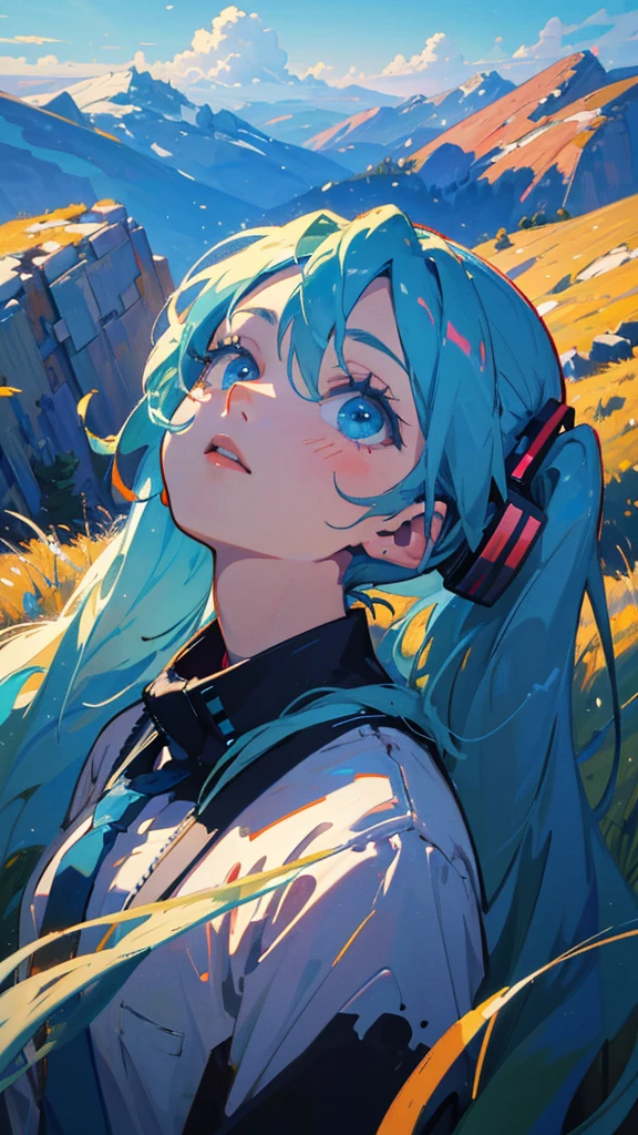 (masterpiece,best quality:1.4), high resolution,super fine illustration, detailed skin, detailed face, detailed eyes, Hatsune Miku, looking up at the sky and pointing, grassland in the background, from a high altitude