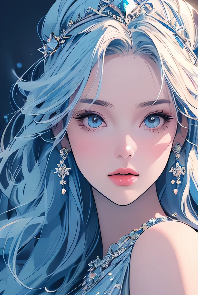 1girl, ice princess, beautiful detailed eyes, beautiful detailed lips, extremely detailed face and skin, long flowing ice blue hair, wearing a stunning ice blue dress, ice crown on head, ice crystals and snowflakes surrounding her, winter palace background, (best quality,4k,8k,highres,masterpiece:1.2),ultra-detailed,(realistic,photorealistic,photo-realistic:1.37),intricate ice sculptures, dramatic lighting, glowing ice, icy blue color palette, shimmering ice textures