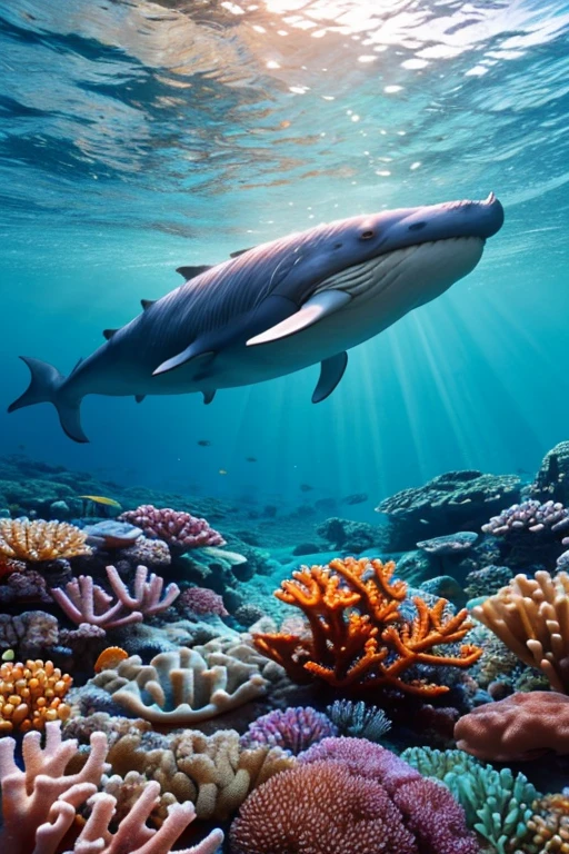 blue whale, Coral Reef, Underwater seascape, Crystal clear seawater, Sunlight sparkling on the waves, School of tropical fish, Vibrant marine life, Calm and tranquil underwater environment, Ultra-realistic, 8k, Realistic, Cinema Lighting, Stunning colors, masterpiece