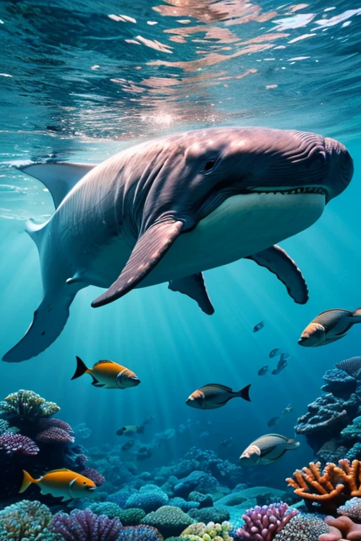 blue whale, Coral Reef, Underwater seascape, Crystal clear seawater, Sunlight sparkling on the waves, School of tropical fish, Vibrant marine life, Calm and tranquil underwater environment, Ultra-realistic, 8k, Realistic, Cinema Lighting, Stunning colors, masterpiece