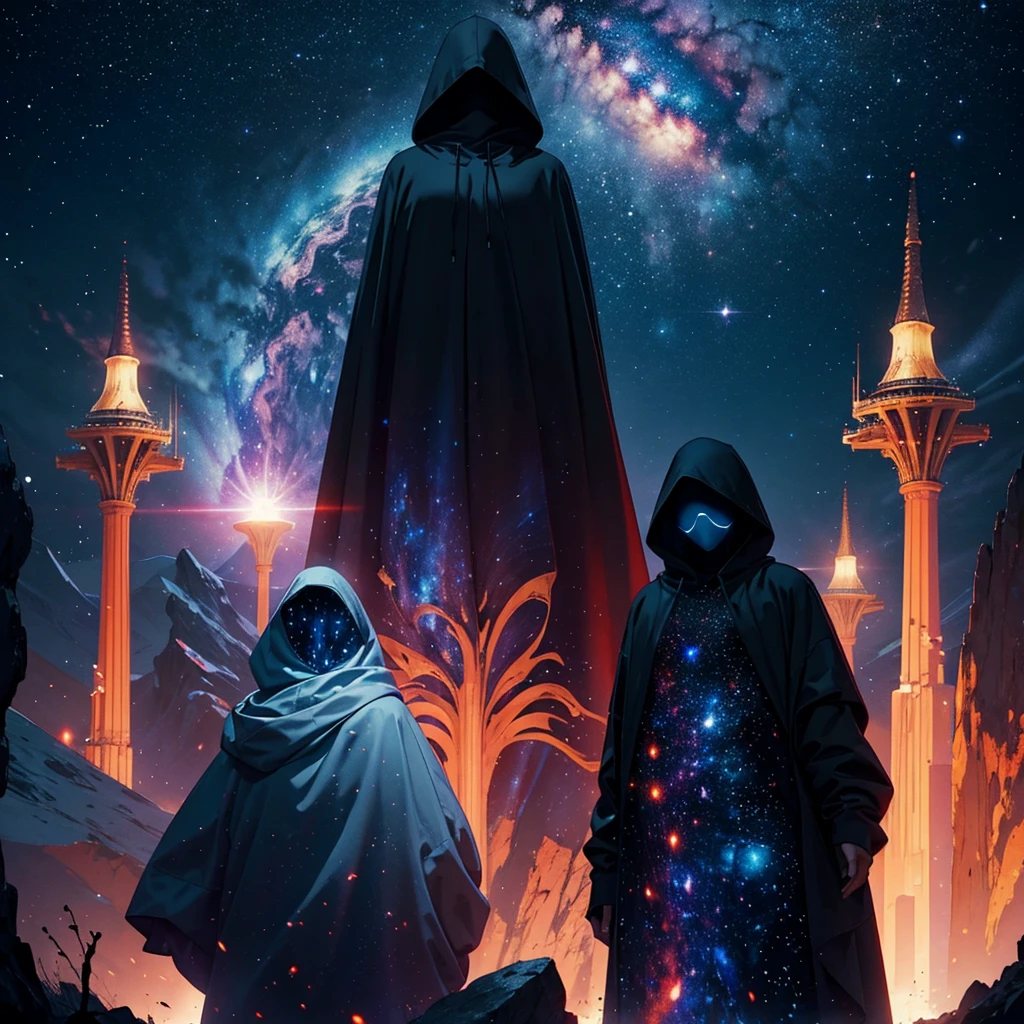 mysterious, hooded cosmic figure, standing in the depths of space with a celestial background of stars and galaxies. The figure's face is an infinite void filled with stars, representing the universe itself. It holds a glowing, mystical orb in its hands, symbolizing the power and mystery of the cosmos. The scene is bathed in dark, otherworldly colors with hints of red and white light, creating a sense of awe and reverence. The surrounding environment includes towering structures, possibly alien or ancient, and the overall atmosphere evokes the presence of a powerful observer of the universe.