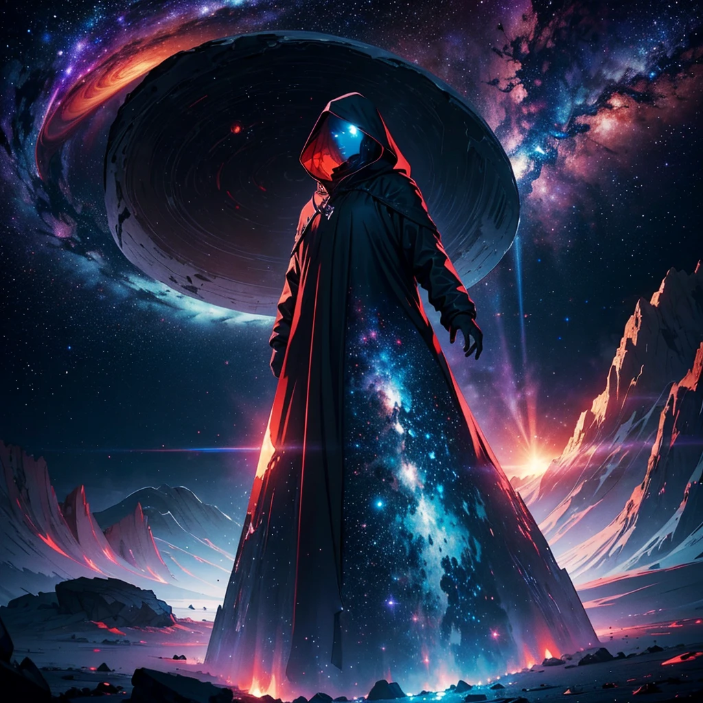 mysterious, hooded cosmic figure, standing in the depths of space with a celestial background of stars and galaxies. The figure's face is an infinite void filled with stars, representing the universe itself. It holds a glowing, mystical orb in its hands, symbolizing the power and mystery of the cosmos. The scene is bathed in dark, otherworldly colors with hints of red and white light, creating a sense of awe and reverence. The surrounding environment includes towering structures, possibly alien or ancient, and the overall atmosphere evokes the presence of a powerful observer of the universe.