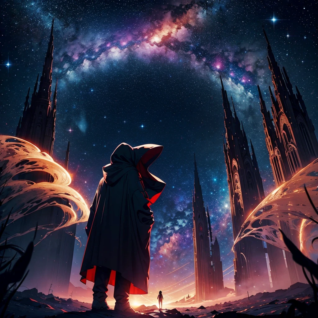 mysterious, hooded cosmic figure, standing in the depths of space with a celestial background of stars and galaxies. The figure's face is an infinite void filled with stars, representing the universe itself. It holds a glowing, mystical orb in its hands, symbolizing the power and mystery of the cosmos. The scene is bathed in dark, otherworldly colors with hints of red and white light, creating a sense of awe and reverence. The surrounding environment includes towering structures, possibly alien or ancient, and the overall atmosphere evokes the presence of a powerful observer of the universe.