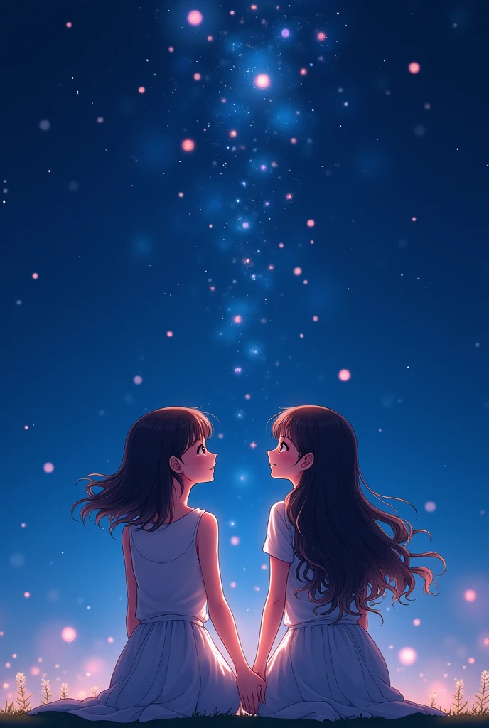 Draw two women with their backs to the viewer, looking up at the night sky, Una de ellas bajita con el pelo no tan corto muy Wavy, and the other with hair down to her waist, Wavy. I want the drawing to be in a cute anime style and for them to be sitting holding hands.
