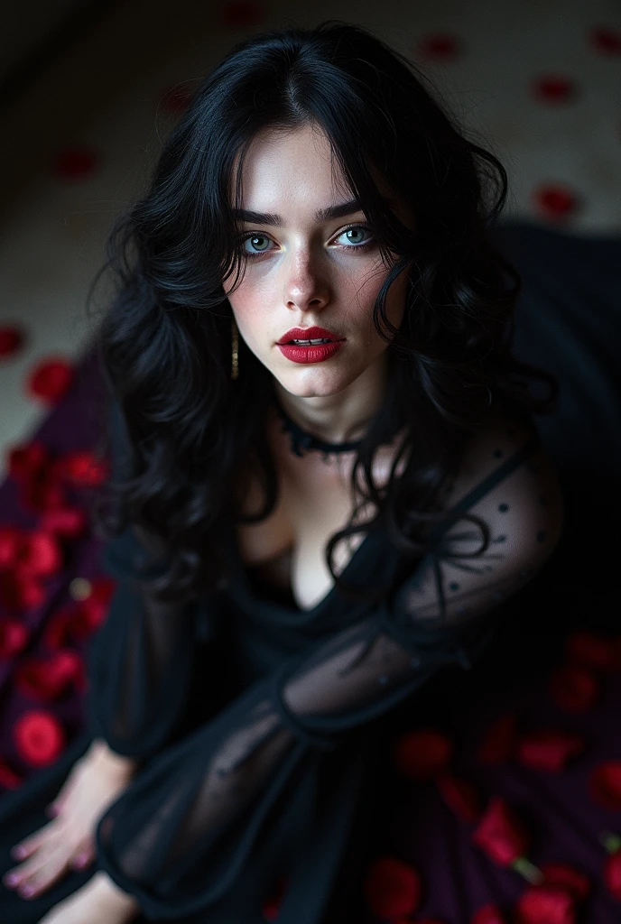 Male, sexy, long black hair, teal blue eyes, young, gothic clothes. delicate features, no facial hair, no body hair, seductive, white and pale. Roses. Purple and black. Long eyelashes. No facial hair. Man. Male. Smirking. No body or facial hair. Young male. Male. Towering over the camera. Full body. Malicious. Sexy pose. Raising a brow. Blood. Scary atmosphere. Dark.