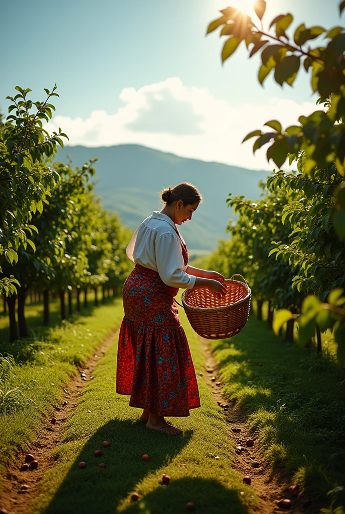 Peasant woman collects coffee with her animated basket