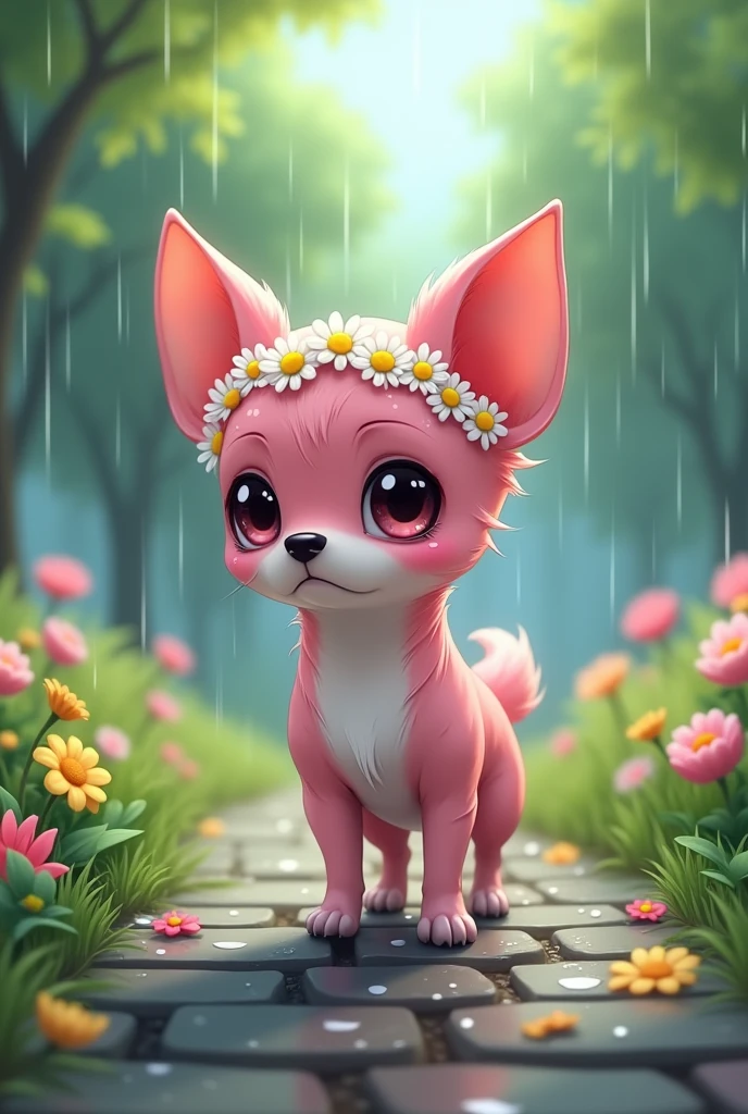 A pink-haired adult chihuahua wearing a daisy flower crown crying in a rainy park with a sad face, anime drawing style
