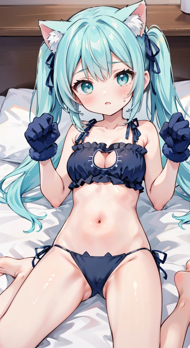 (((Gold cat lingerie))),Side tie panties,The ribbon is lovely, Ribbon Panties,Cats are good, Lace panties,Twin tails,blush, full-face blush,masterpiece, Highest quality, (anime screencap:1.3),(shape), cute,(Simple:1), (anime:1.2),Solo Sharp Focus, 1 Girl, Cleavage,Looking at the audience,Sitting Girl,Sit flat on the floor with your legs bent back,PAW Pose,(Hand Paw Gloves),room,bed,Big Breasts,Beautiful breasts,Beautiful Hips,Accentuate your breasts,((aqua Cat Lingerie 1.1))Twin tail hair,Puffy eyes,cute eyes,PAW Pose,(Cat ears 1.1),