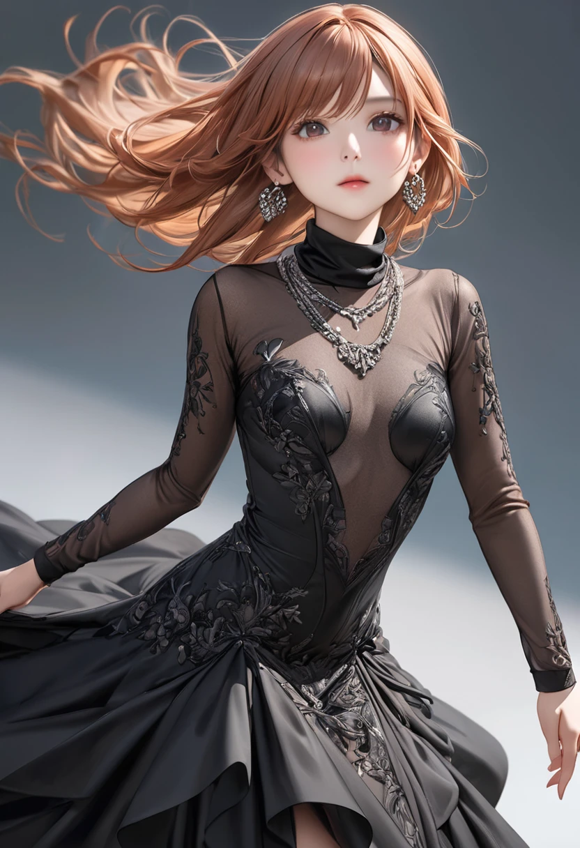 (masterpiece), (best quality medium shot), ultra realism, photorealistic, 1female, 30 year old mature woman, half-up half-down long straight copper-color hair, wearing black Haute_Couture designer dress with sleeve and turtleneck_style, necklace, earrings, small breast, detailed beautiful eyes, detailed gorgeous face, dynamic pose, intricate details,