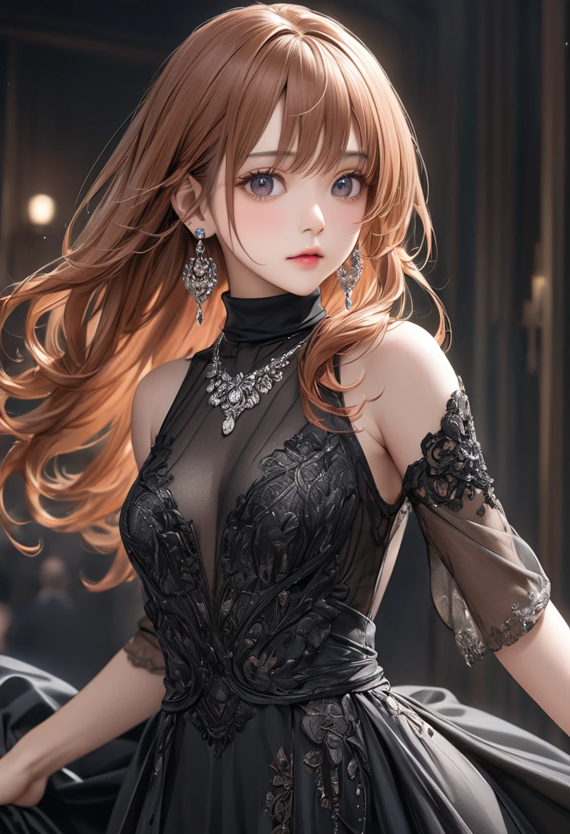 (masterpiece), (best quality medium shot), ultra realism, photorealistic, 1female, 30 year old mature woman, half-up half-down long straight copper-color hair, wearing black Haute_Couture designer dress with sleeve and turtleneck_style, necklace, earrings, small breast, detailed beautiful eyes, detailed gorgeous face, dynamic pose, intricate details,
