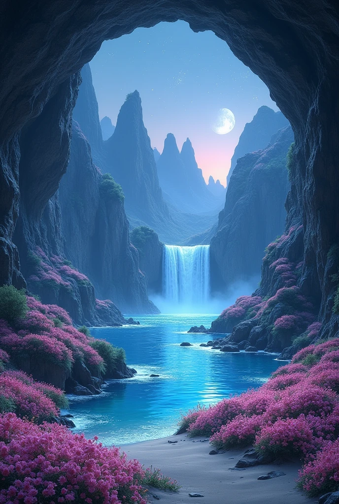 After passing through the silver arch of the mountain bottom, it is taken to the field of night flowers to the north a lake that kisses the edges of the field. Walking east is washed by a trail, its path being illuminated by shimmering moon roses to the underground thermal pools that flank the moon jewel, a giant waterfall bathed by the waters of the Lunar Mirror, the waters are bright like shooting stars falling from the sky. Hanging from the ceiling of the rocks, small crystals sparkle enriching the place of whore beauty. It is possible to hear from the bottom of the cave the song of the other waves of the sea along with the sea spray that cross the opening of the bottom of the waterfall that gives access to a beach of white sand and waters with the purest ocean blue, its edges are bright like stars.
