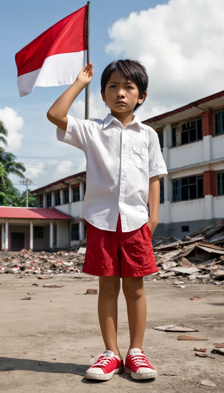 Cinematic image, hyper realistic,Ultra detailed,8 year old Indonesian child,dull hair,sad face,wearing a shabby white shirt,red shorts,broken shoes,standing hand salute position/salute to the red and white flag,dramatic,background of an unkempt school building that is almost collapsing,ultrahd,image quality,