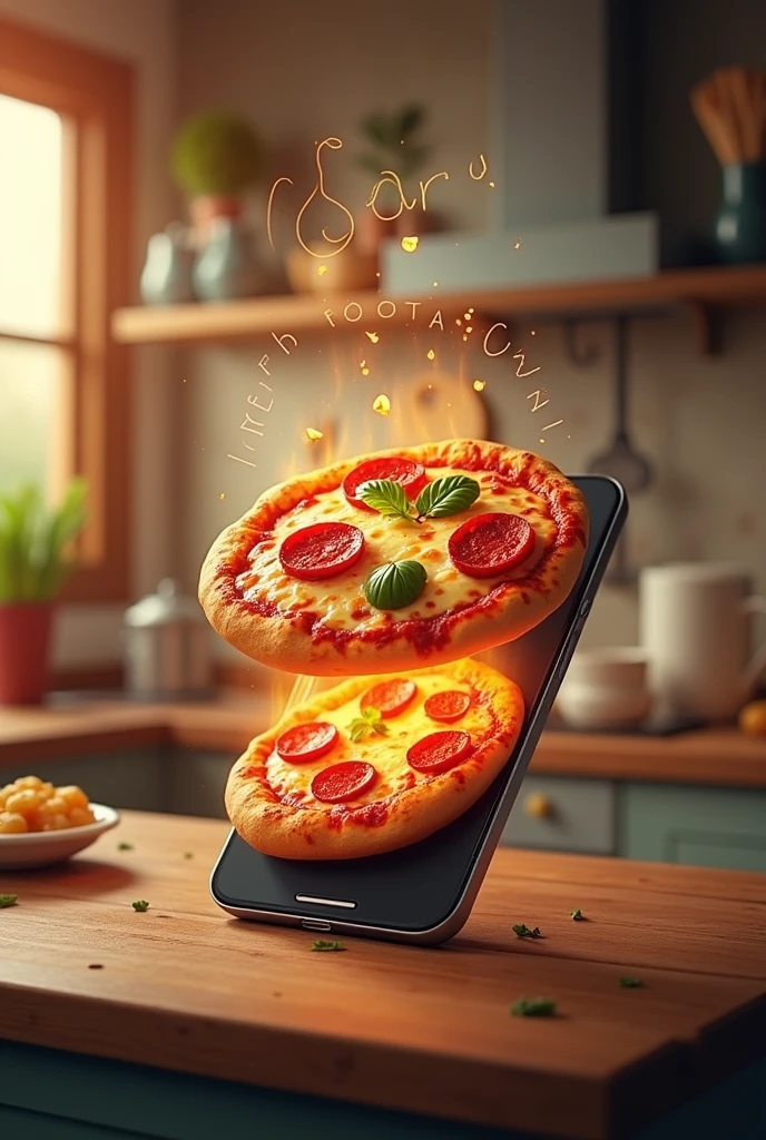 A poster of a pizza coming out of a phone