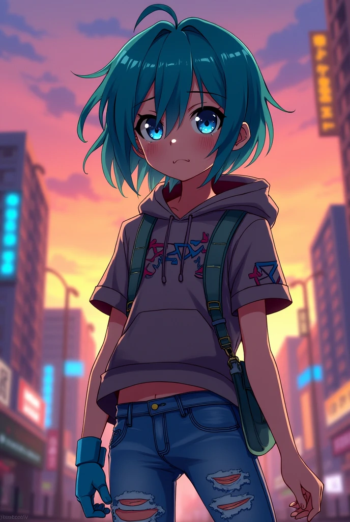 An anime ager with messy hair, tired eyes, turquoise hair, a shirt with a short-sleeved hoodie, a blue glove, and ripped pants.