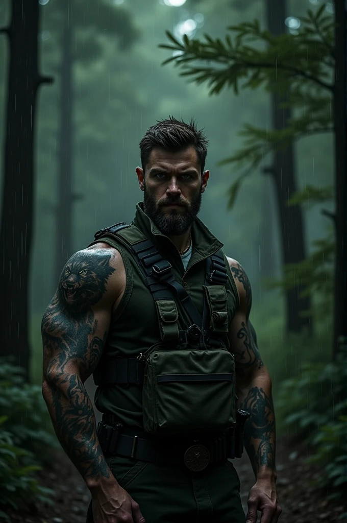 Create a man with a dark aura, green eyes,  tattoos, a wolf tattoo, marked jaw, with military clothing, with a forest background with rain and a dark sky 