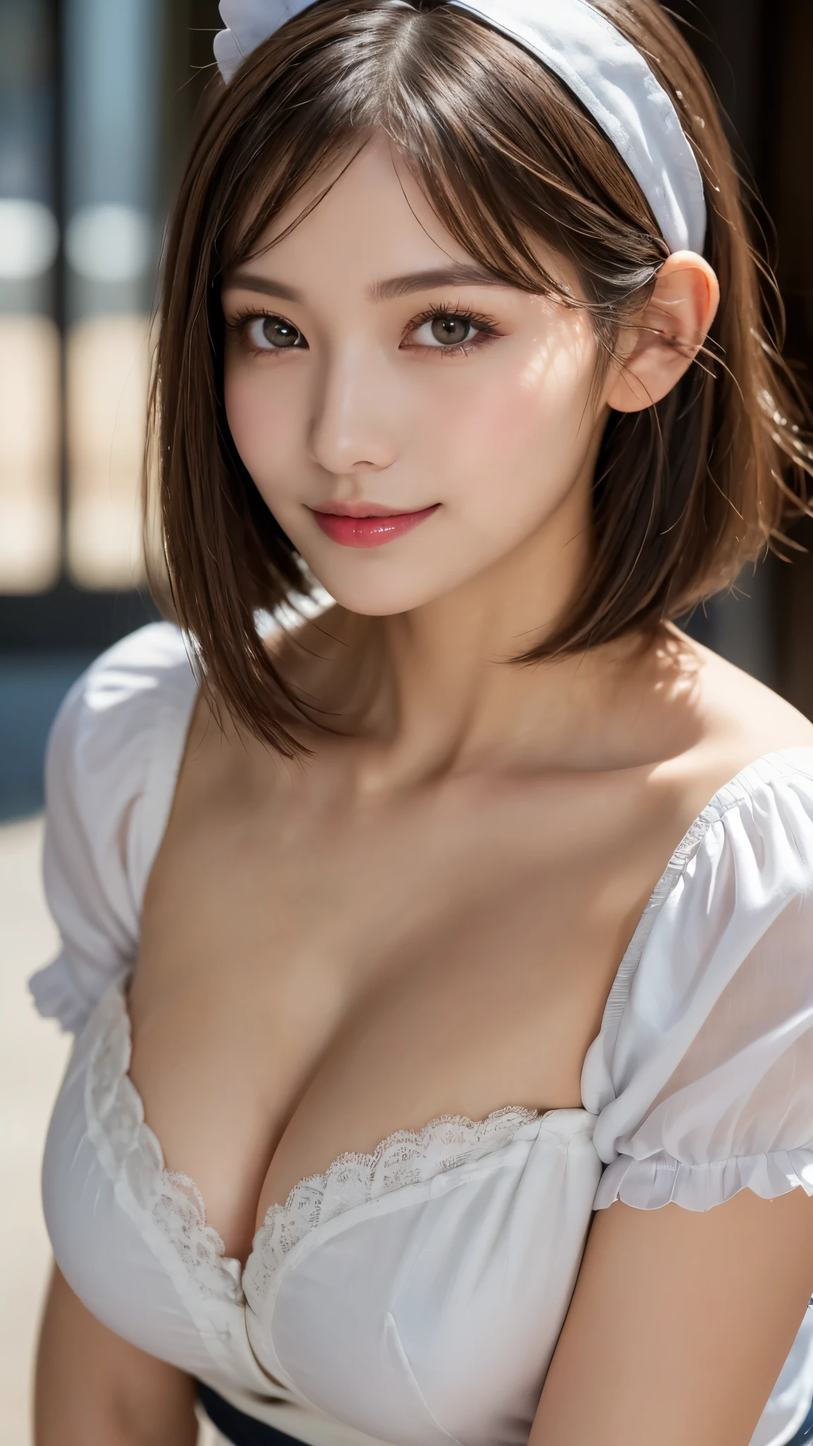 (photorealistic, 32k, RAW photo, best quality: 1.5), (masterpiece:1.3), (absurdres, attractive, ultra high resolution, ultra realistic, highly detailed, golden ratio, ultra detailed, super fucking beautiful detailed face), natural makeup, detailed cloth texture, detailed hair texture, beautiful detailed fullbody, Perfect female body, accurate, Anatomically correct, Highly detailed face and skin texture, (beautiful hands), (realistic skin), (beautiful pale skin:1.1), (Perfect dynamic composition, looking at viewer:1.3), (upper body shot:1.3), ((Headband, Maid Uniform:1.3)),
BREAK,
realistic eyes, beautiful detailed eyes, symmetric eyes, Light Brown eyes, Double eyelids, Thin eyebrows, (Glossy lips:1.4), ((A face with waiting for a kiss, Shy Smile:1.2)), (blush:1.1),
BREAK,
((short hair, bob, Dark blonde hair, bangs:1.2))