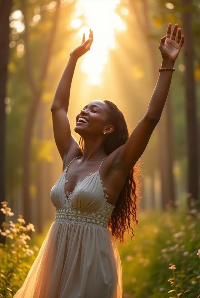 sunlight streaming through trees to evoke a sense of peace.
Main Image: A close-up of a Black woman with a joyful expression, eyes closed, possibly in a worship pose such as raising her hands in praise. She could be wearing casual, yet elegant clothing (perhaps a flowy dress) that conveys grace and connection to the theme of worship.
Color Scheme: Warm, inviting colors like golds, soft blues, and whites to reflect spirituality and warmth.
Overlay Elements: Subtle floral designs or light rays to add a gentle touch without overwhelming the main subject.