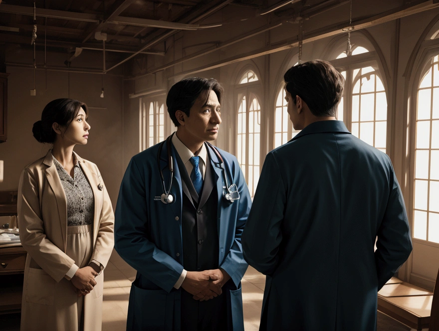 a doctor talking to a , and his family behind looking