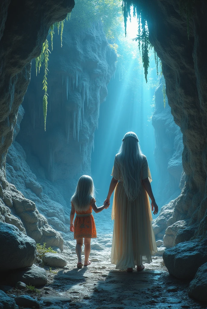 (photorealism:1.2), "Create a vivid, hyperrealistic image of Elder Elara and a young dreamer exploring a magical cave. The cave walls are covered in ancient carvings, and the air is filled with shimmering, glowing crystals."