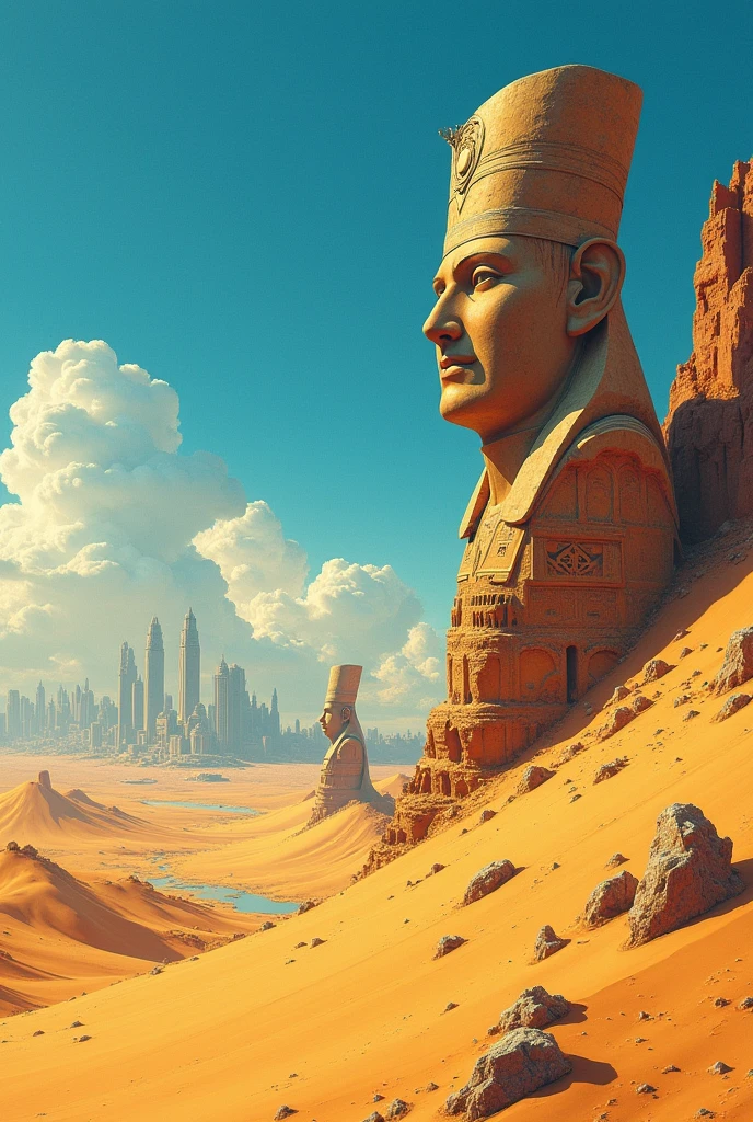 desert, vast stretches of dunes, cities on the horizon, giant statues buried in the sand,Detailed digital painting, art station, Conceptual art, sharp focus, illustration, art by Greg Rutkowski and Alphonse Mucha.../imagine fast: