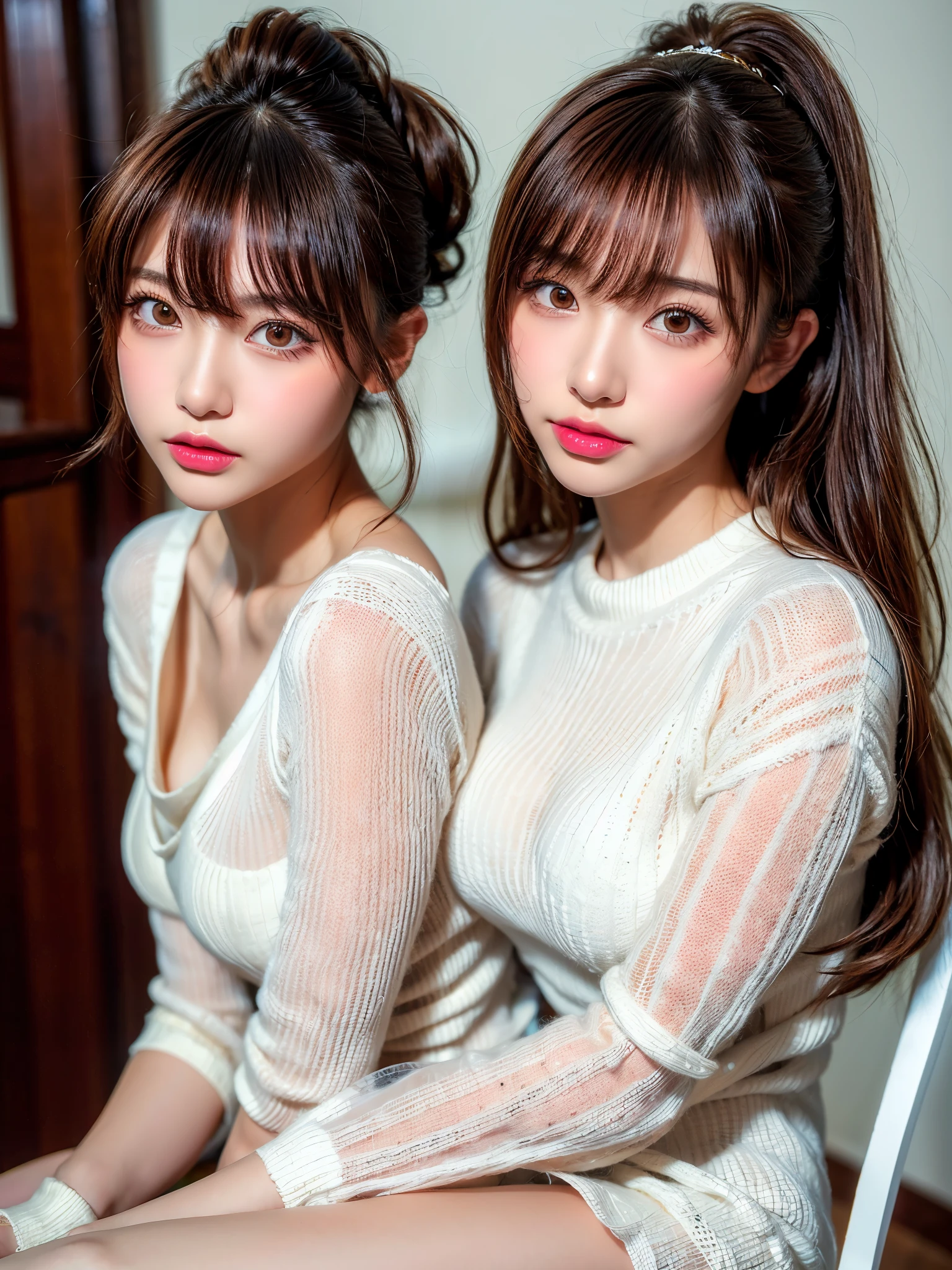 (masterpiece:1.5)、(Realistic:1.5)、(Highest quality:1.4、8k、RAW Photos)、 Ultra-high resolution、Professional Lighting、Perfect dynamic composition、Photo shoot at an antique and stylish cafe、 Film Grain、chromatic aberration、(Bokeh:1.1)、 Frank、Sophisticated、charm、超Realistic、Attention to detail、Golden Ratio、Anatomically correct、 (1 person)、Slender、繊細でcharm、Cute Woman:1.4、 Serious expression、Looking at the audience、Sitting in a chair、Light brown hair、Shiny Hair、Hairstyle: Ponytail、 Realistic Skin、 Shut your mouth.、Beautiful Eyes、double eyelid、Thin arms、(white short sweater dress:1.4)