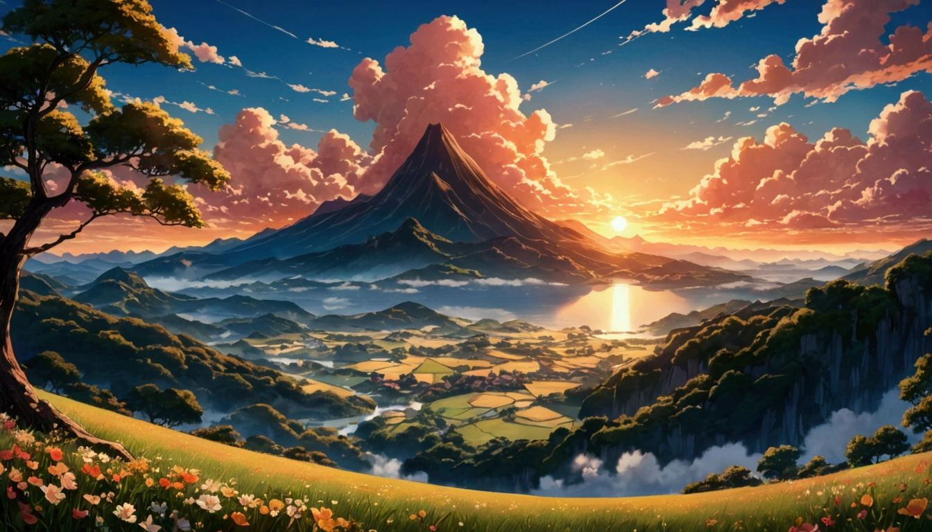 (Highest quality),(masterpiece),(Super detailed),(High detail),(Very detailed) Anime scenery, (Super detailed) Surrealistic scenario,Turning away from the camera with the sunset in the distance,Spectacular Background,Emphasizing the overall emotional feeling ,Best image quality,Intricate details,8k high quality wallpaper。Following the principles of beauty。Optimal Configuration。