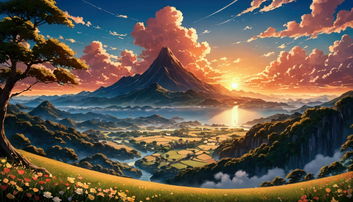 (Highest quality),(masterpiece),(Super detailed),(High detail),(Very detailed) Anime scenery, (Super detailed) Surrealistic scenario,Turning away from the camera with the sunset in the distance,Spectacular Background,Emphasizing the overall emotional feeling ,Best image quality,Intricate details,8k high quality wallpaper。Following the principles of beauty。Optimal Configuration。