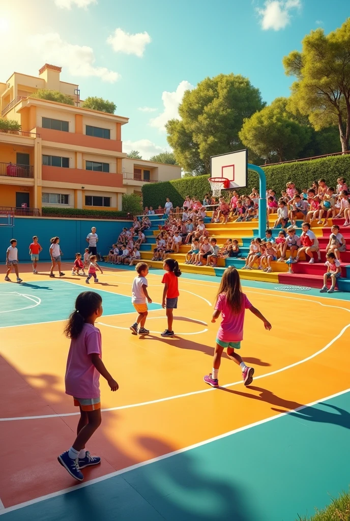 Sports court with inclusive bleachers for children in elementary education and early years of elementary school