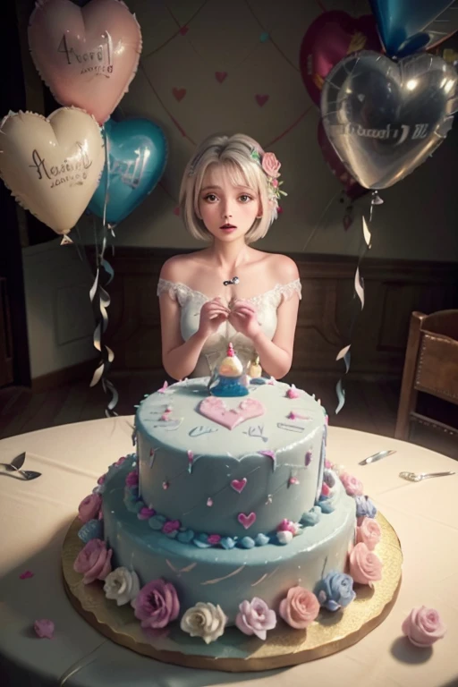 A picture of a beautiful woman with short, straight, gray hair wearing a light yellow party mini dress with beautiful rose details on the shoulders, squatting with a beautifully decorated cake blowing out a candle with the number 41 on top of the cake with many colorful 3D heart-shaped balloons.. 