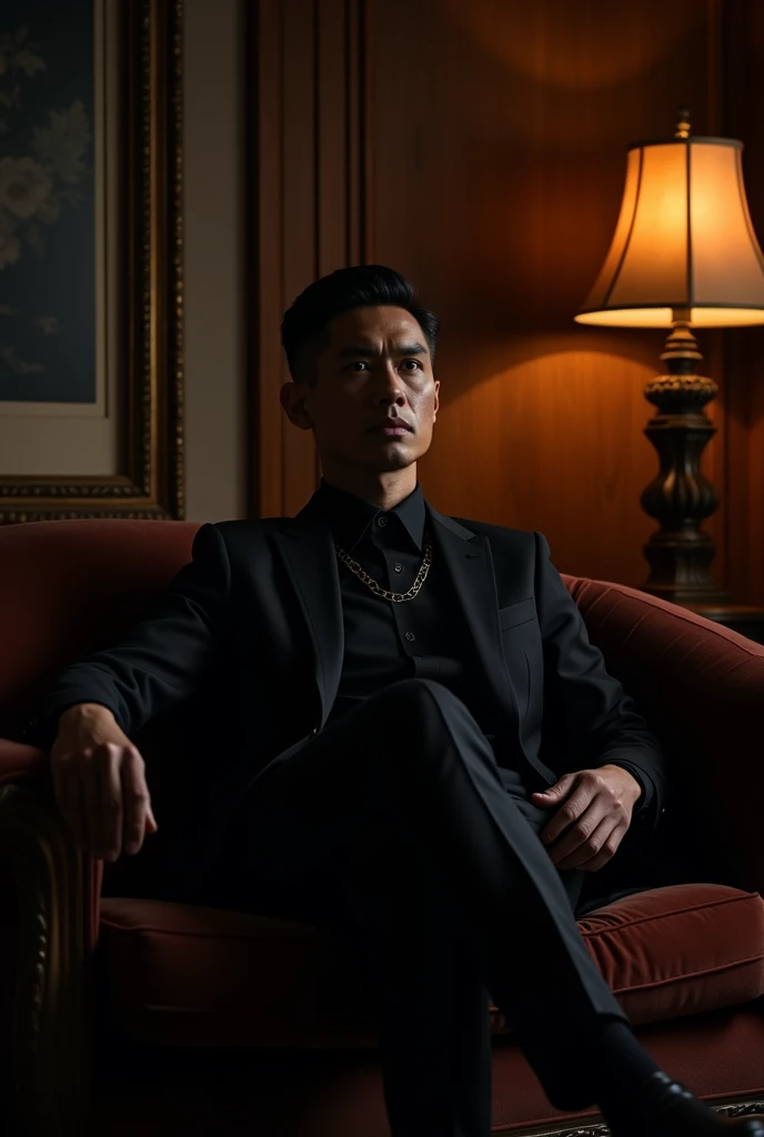 man, dressed in black, sitting on sofa
