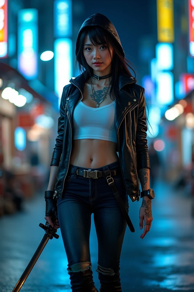 
photo of a striking and mysterious Korean female ninja, known as a kunoichi, with fashionable long low ponytail hair and charming blue eyes, her tattoos appear on her toned skin, adorning her muscular arms and she is wearing a black leather hoodie jacket, short white t-shirt bottom, long tight jeans, boots, he confidently held a long, sharp and gleaming sword in one hand, while the other rested nonchalantly on his hip, gaze sharp and intense as if the roiling emotions within his soul were focused right through darkness of night, sweat soaking the whole body in detail and realistic, smiling but deep inside harboring disturbing hatred, background of a Japanese metropolitan city with neon lights, blue light effects penetrating the darkness of night in a quiet city, realistic, cinematic