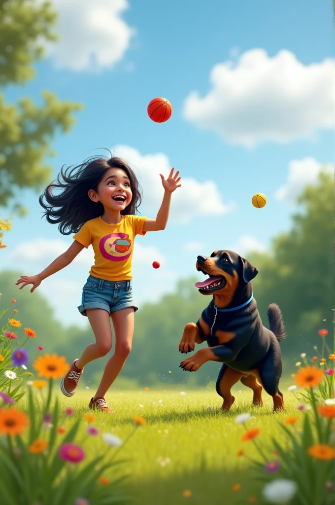 A black-haired white girl playing bolo criollo with her big rottweiler dog