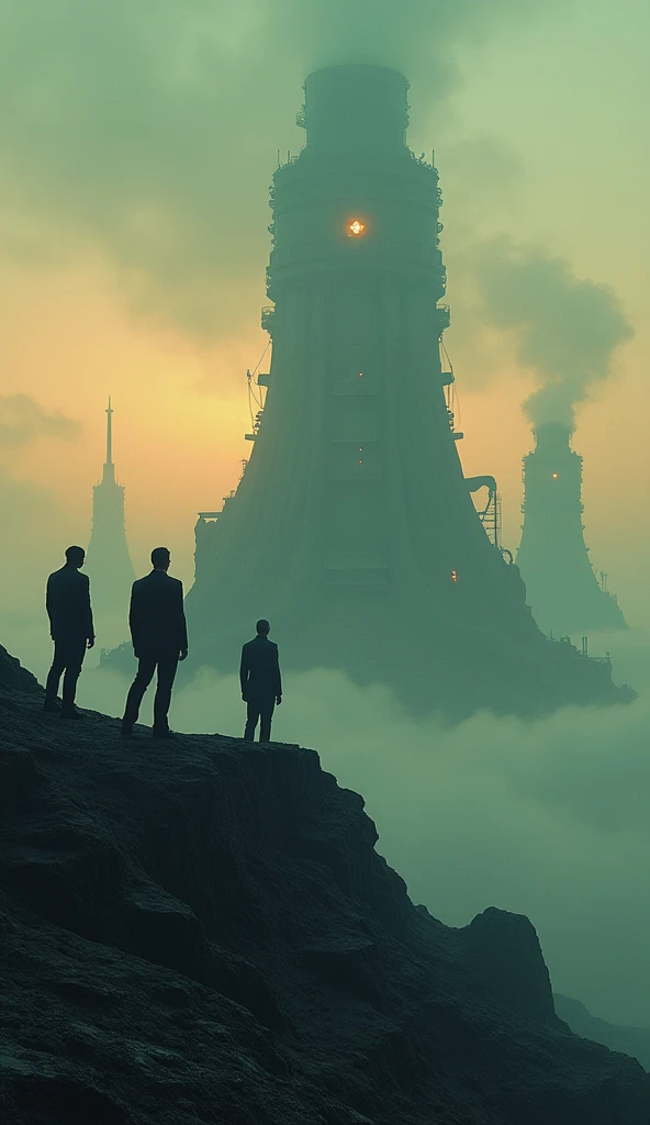 Beksinski style, Three suit clad humans are seen from atop a hill overlooking the ruins of a large ancient alien city, containing four tall control towers, one of which is currently operational,