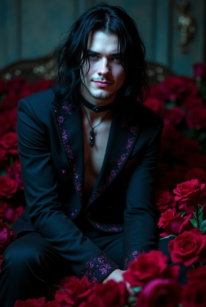Male, sexy, long black hair, teal blue eyes, young, gothic clothes. delicate features, no facial hair, no body hair, seductive, white and pale. Roses. Purple and black. Long eyelashes. No facial hair. Man. Male. Smirking. No body or facial hair. Young male. Male. Malicious. Blood. Scary atmosphere. Dark. Sitting on a male's lap.
