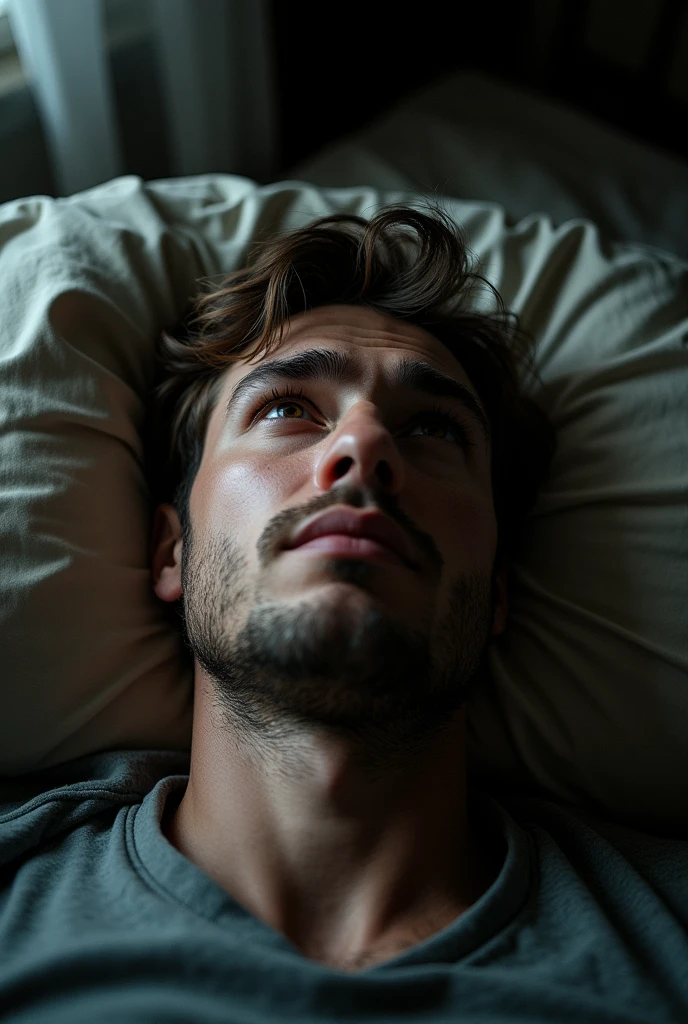 I need a nadir angle shot of a man's face in detail, showing disappointment. He's lying in bed looking at the ceiling., square image