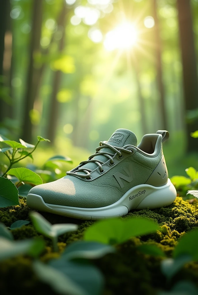 An eco-friendly sneaker with NatureStep written. A sneaker with a logo wrapped around the writing.