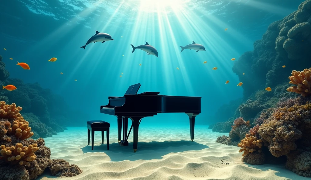 "A stunning underwater scene featuring a black grand piano resting on the sandy ocean floor, with several dolphins swimming gracefully around the piano. The sunlight filters through the clear water, creating beautiful patterns on the sand and piano. The overall atmosphere is tranquil and mesmerizing, with the piano standing out against the vibrant blue tones of the ocean. The dolphins are playful and inquisitive, adding a touch of vibrancy to the serene underwater environment. The image is realistic, capturing fine details of the piano, dolphins and underwater light effects." Tropical fish swim gracefully around colorful coral.