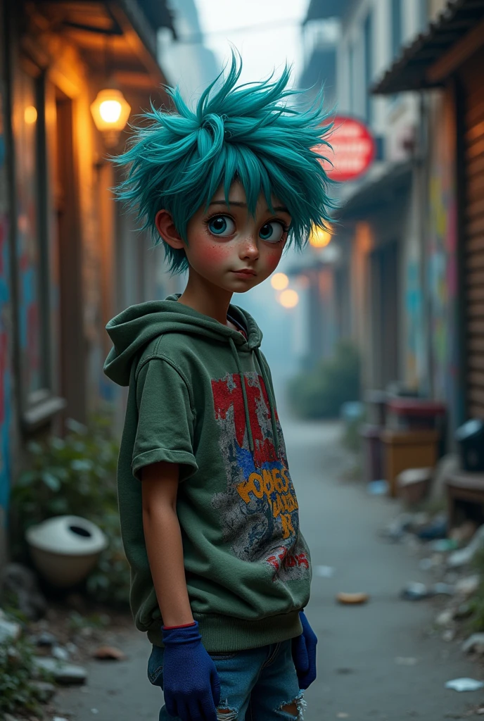 An anime age boy with messy hair, dark circles under his eyes, turquoise hair, a shirt with a short-sleeved hoodie, a blue glove, and ripped pants.