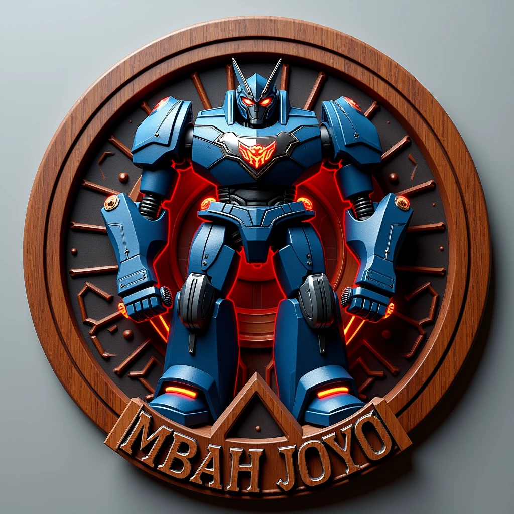 A luxurious rosewood emblem with the words "MBAH JOYO," located below a large, impressive Robot. The Robot has a metallic blue body with angular armor and glowing red elements, including a chest emblem. The Robot wields a large sword with a glowing tip and is set against a dark geometric patterns background. Striking lighting effects highlight the Robot's features. All objects used in this emblem are made of rosewood with a clear varnish, highlighting the natural grain of rosewood.
