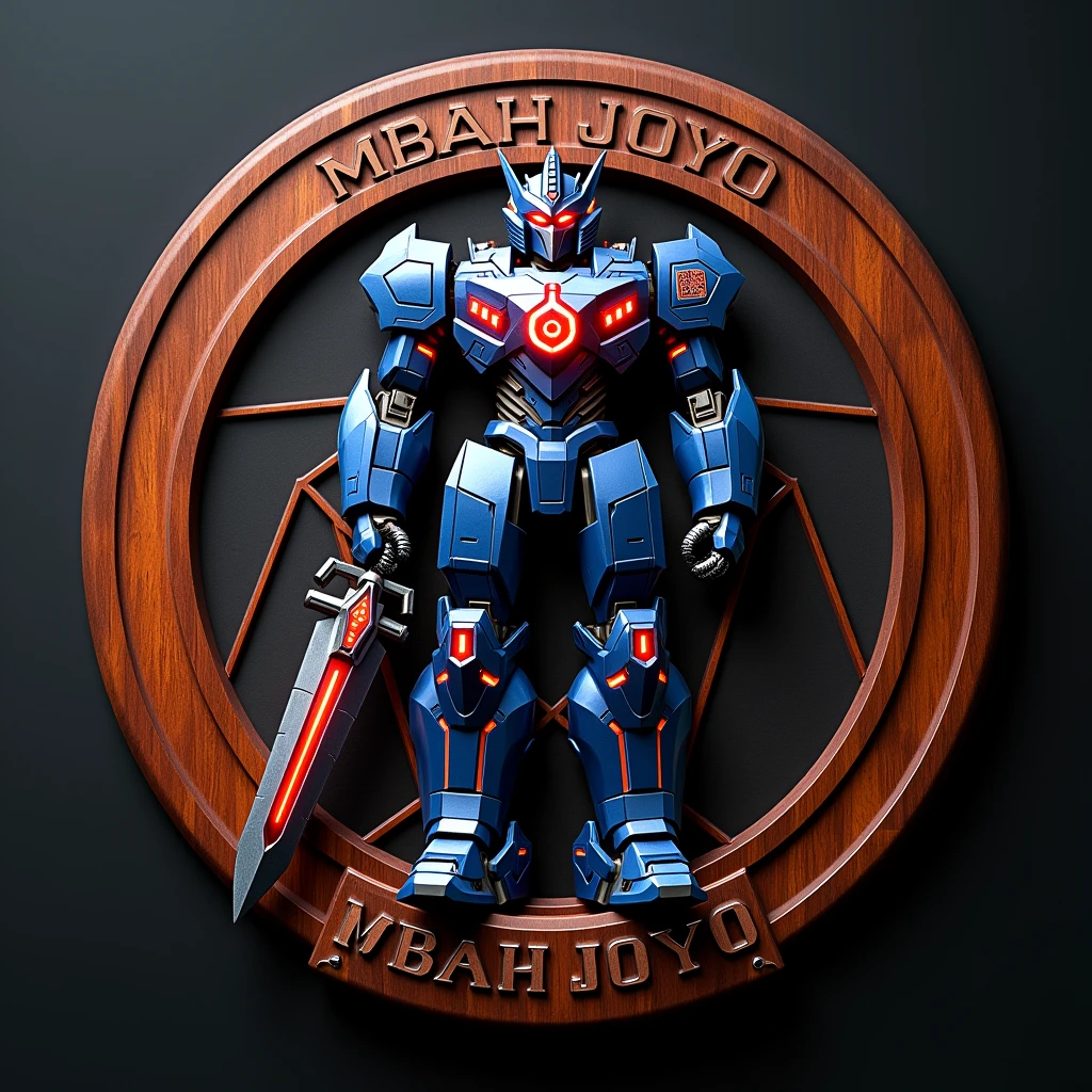 A luxurious rosewood emblem with the words "MBAH JOYO," located below a large, impressive Robot. The Robot has a metallic blue body with angular armor and glowing red elements, including a chest emblem. The Robot wields a large sword with a glowing tip and is set against a dark geometric patterns background. Striking lighting effects highlight the Robot's features. All objects used in this emblem are made of rosewood with a clear varnish, highlighting the natural grain of rosewood.