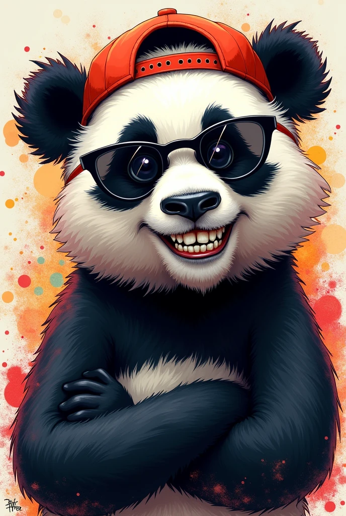Please generate for me a head of a panda bear looking straight ahead with black sunglasses and a backwards cap, with one arm around the waist and the other arm raised as if showing something (so I can put something on top later), grinning with his fangs. only with colors: negro, White and grey.
Graffiti caricature style 2D